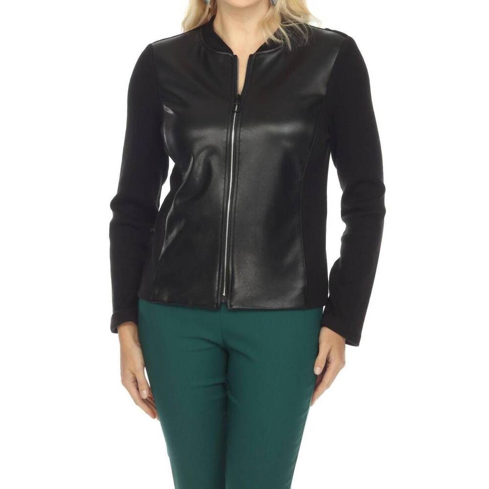 NEW JOSEPH RIBKOFF faux leather zip-up long sleeve jacket in black